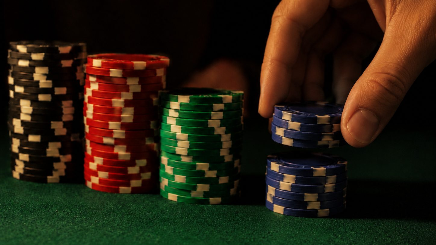 Stacks of poker chips arranged by colour on a felt table