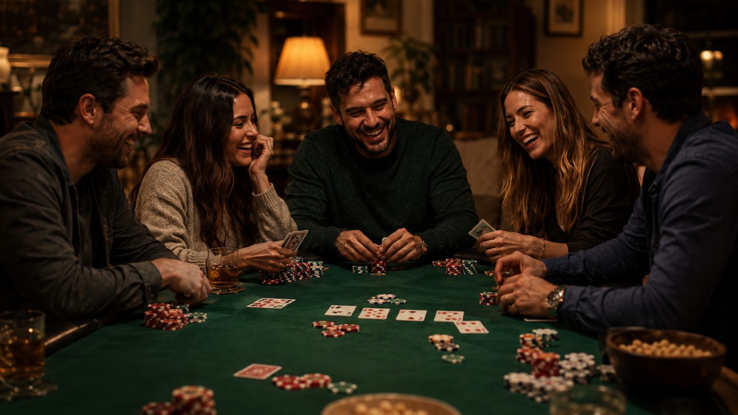 Friends playing a relaxed poker night at a home table