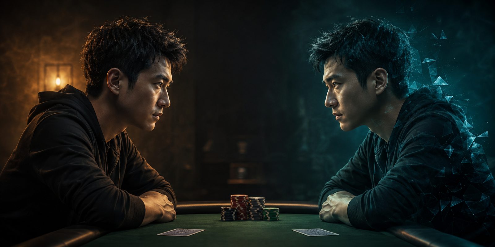 A poker player facing an AI clone of himself across the table, the clone dissolving into blue digital shards