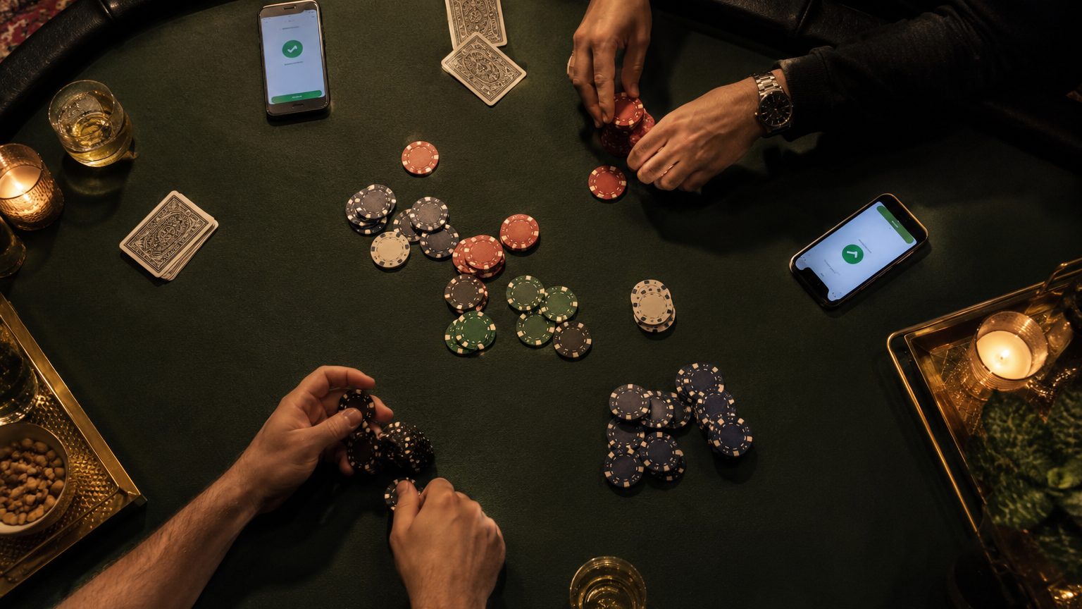 Friends settling up after a home poker game, phone calculator on the table
